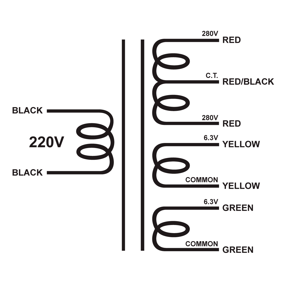 EDCOR Tube Power Transformer XPWR241-220 - 560V@50mA CT, 6.3V@3A, & 6.3V@3A - 220V, 50/60Hz. Schematic