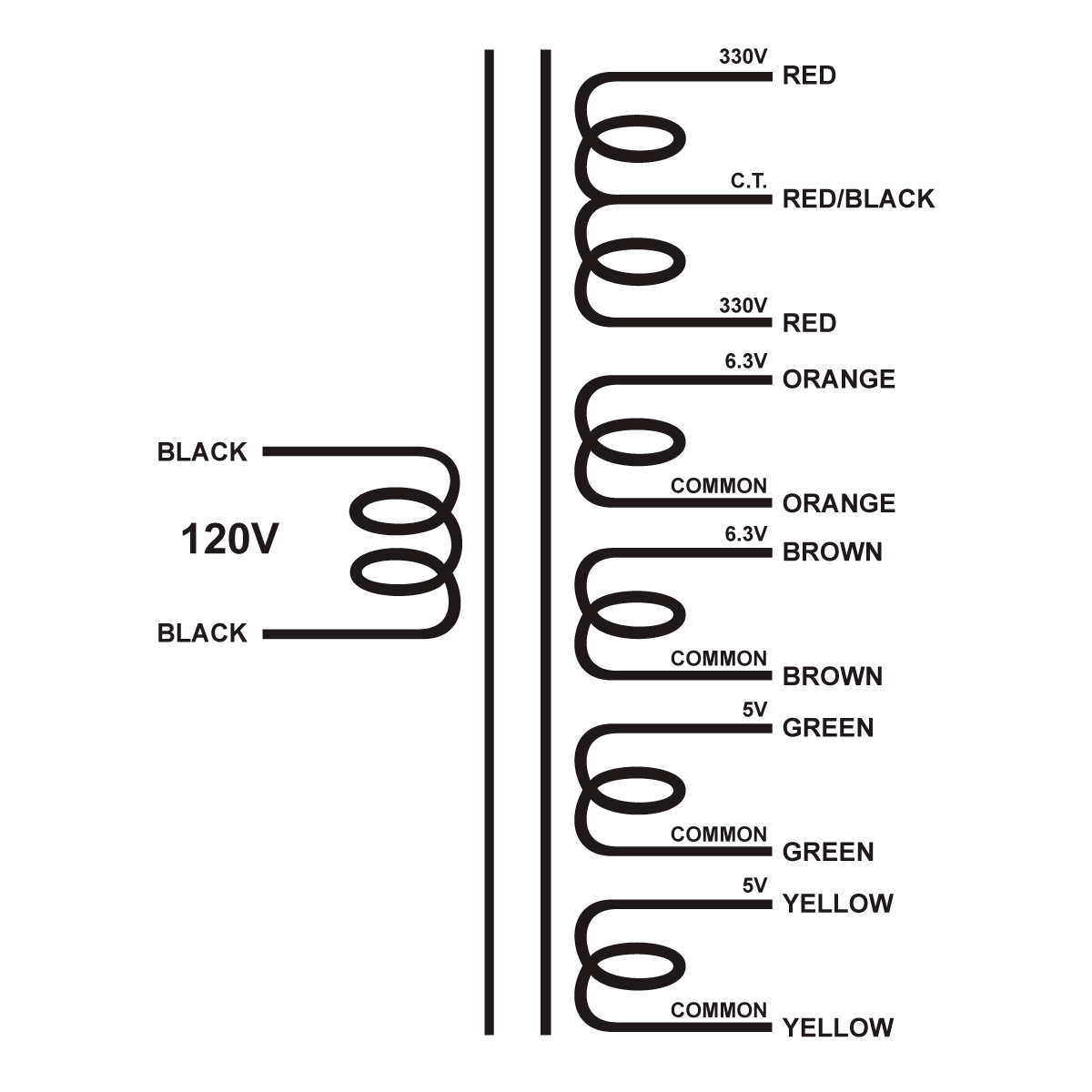 EDCOR Tube Power Transformer XPWR247-120 - 660V@325mA CT, 6.3V@4A, 6.3@4A, 5V@4A, & 5V@4A - 120V, 60Hz. Schematic