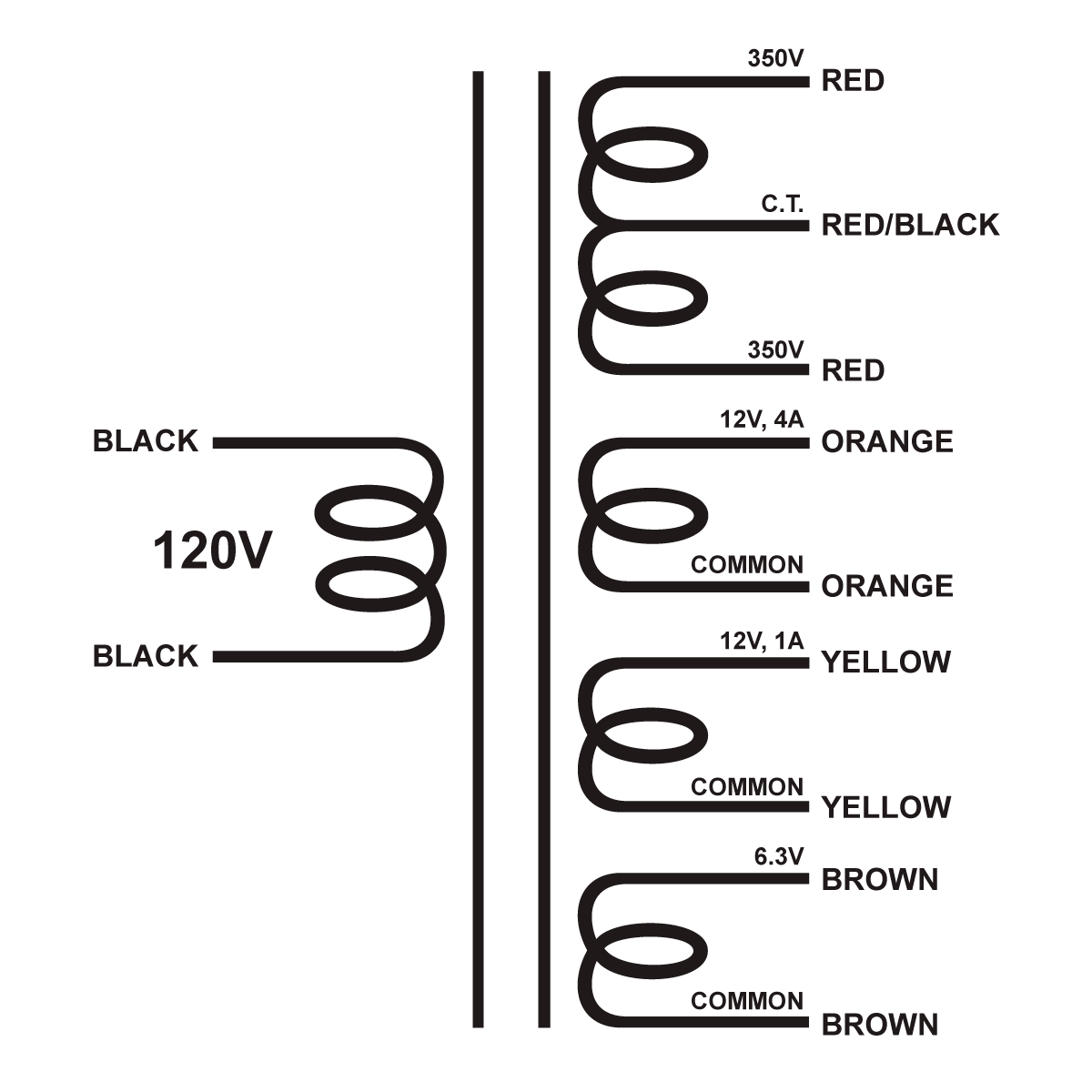 EDCOR Tube Power Transformer XPWR248-120 - 700V@100mA CT, 12V@4A, 12V@1A, & 6.3V@2A - 120V, 60Hz. Schematic