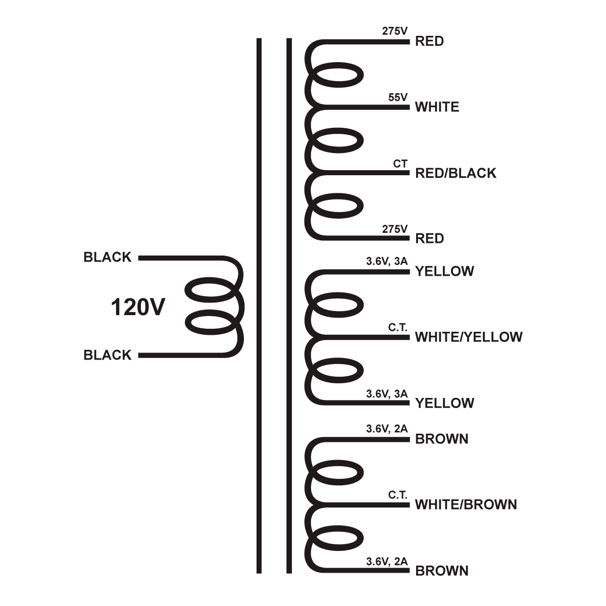 EDCOR Tube Power Transformer XPWR250-120 - 550V@325mA CT w/55V bias, 7.2V@3A CT, & 7.2V@2A CT - 120V, 60Hz. Schematic