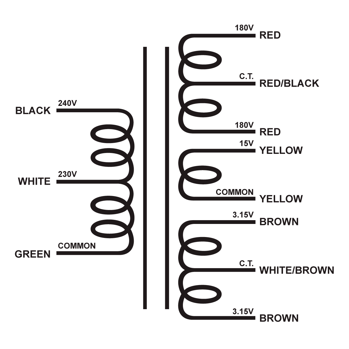 EDCOR Tube Power Transformer XPWR252-230/240 - 360V@500mA CT, 15V@1A, & 6.3V@6A CT - 230V/240V, 50/60Hz. Schematic