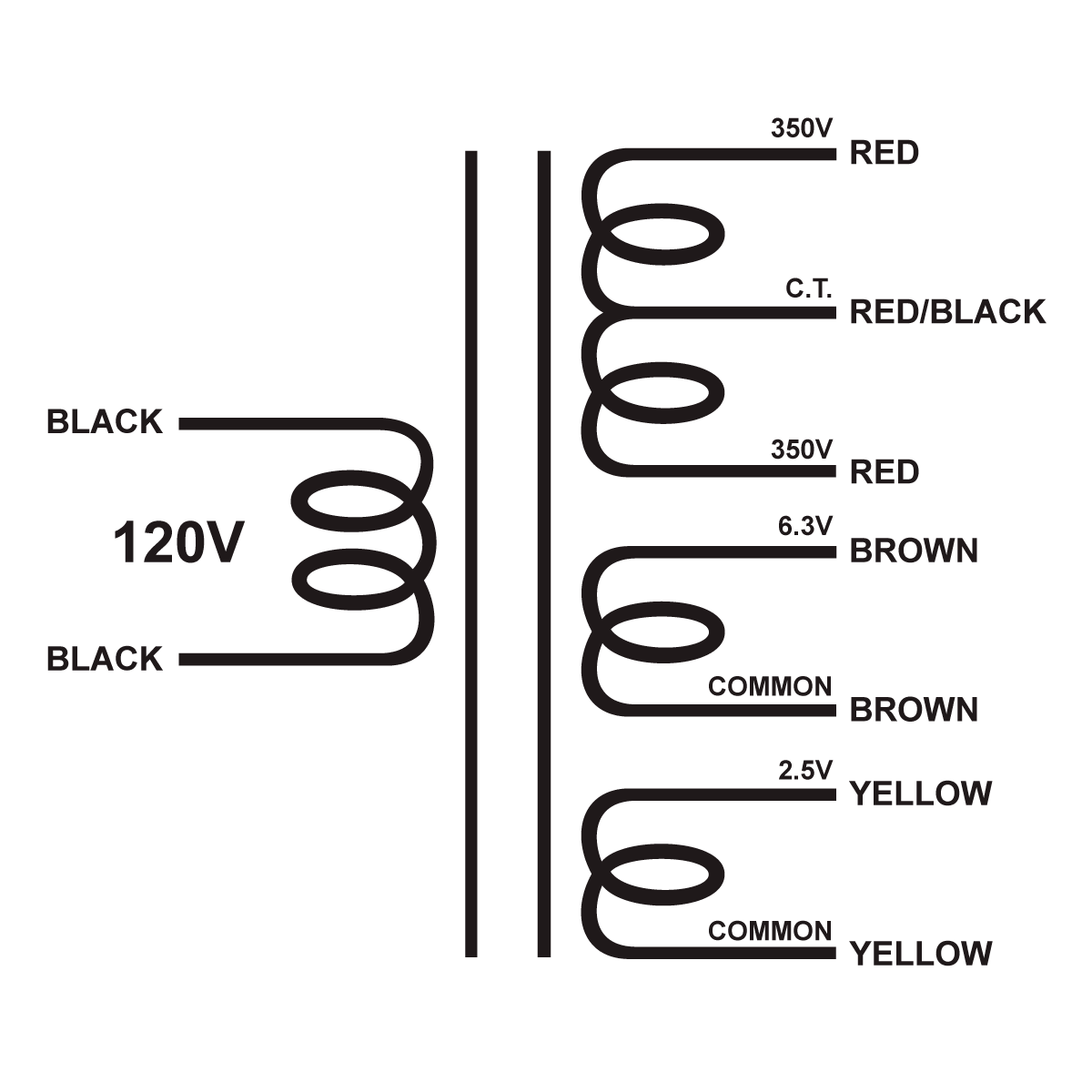 EDCOR Tube Power Transformer XPWR256-120 - 700V@100mA CT, 6.3V@1A, & 2.5V@2.5A - 120V, 60Hz. Schematic