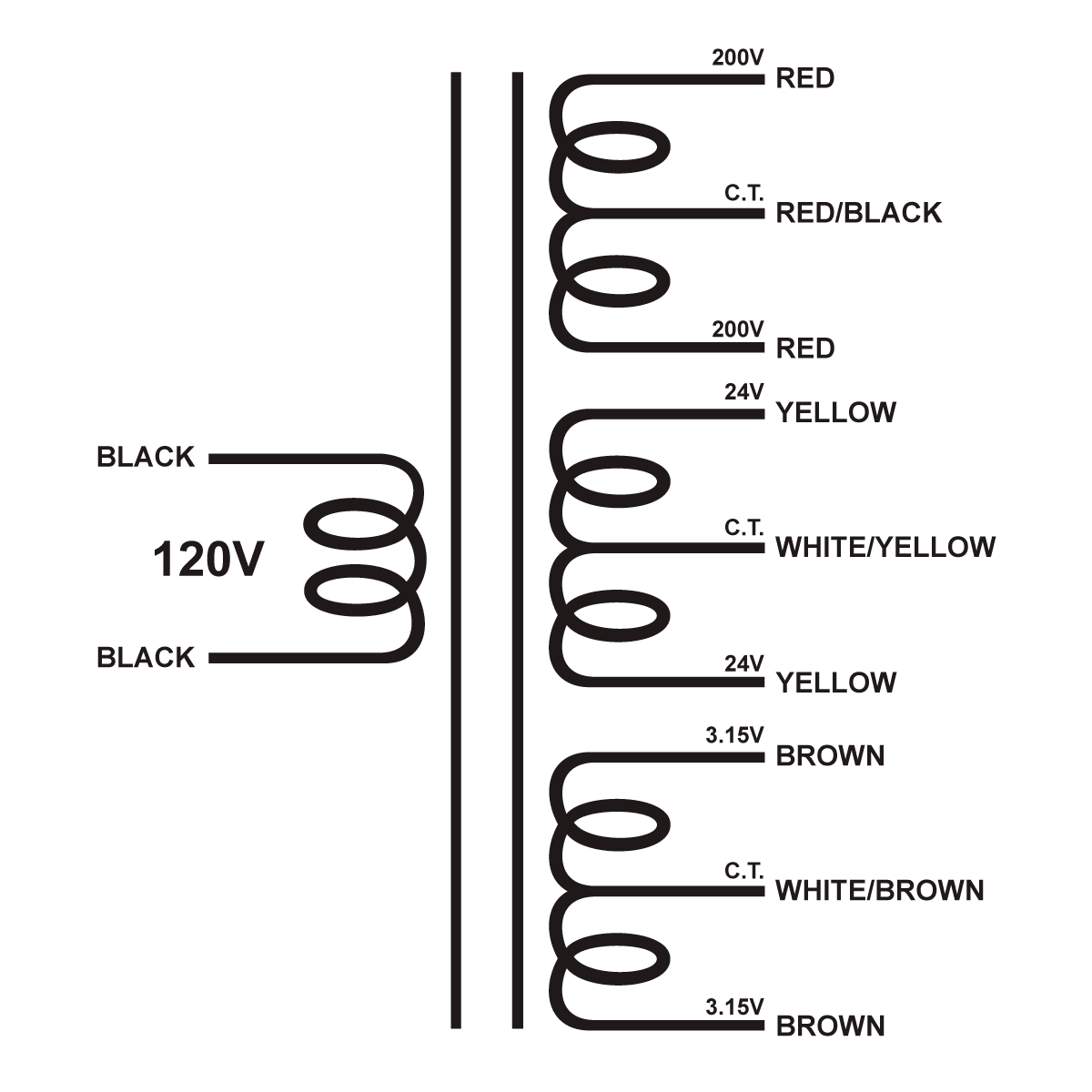 EDCOR Tube Power Transformer XPWR259-120 - 400V@75mA CT, 48V@2A CT, & 6.3V@1A CT - 120V, 60Hz. Schematic