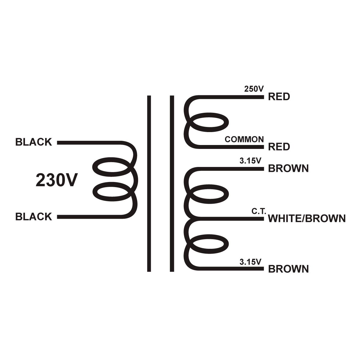 EDCOR Tube Power Transformer XPWR262-230 - 250V@300mA & 6.3V@6A CT - 230V, 50 60Hz. Schematic