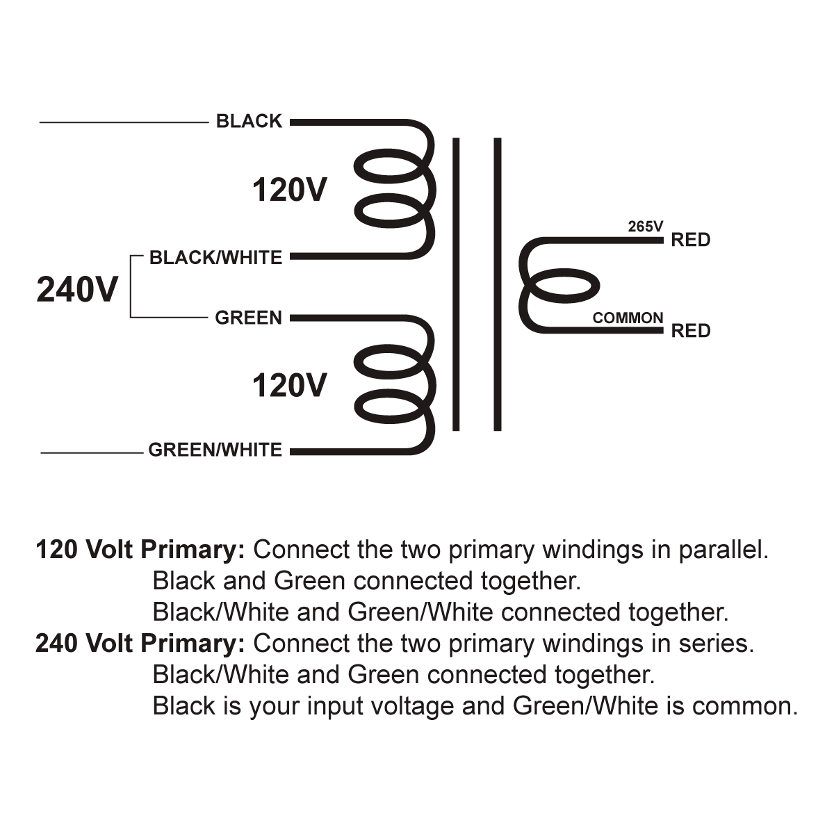 EDCOR Tube Power Transformer XPWR278-120/240 - 265V@200mA - 120V/240V, 50/60Hz. Schematic