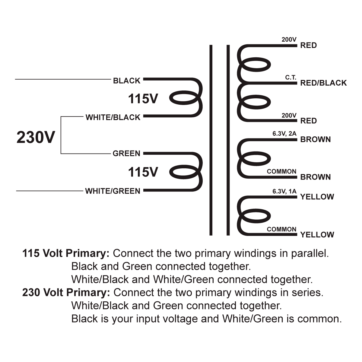 EDCOR Tube Power Transformer XPWR279-115/230 - 400V(200-0-200)@40mA, 6.3V@2A, & 6.3V@1A - 115V/230V, 50/60Hz. Schematic