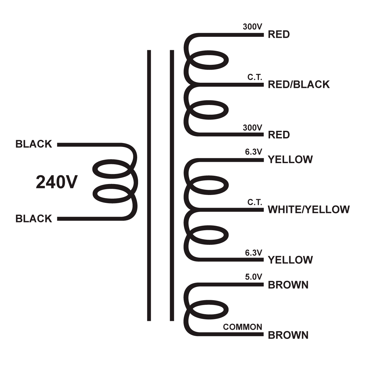 EDCOR Tube Power Transformer XPWR295-240 - 600V@300mA CT, 12.6V@4A CT, & 5V@3A - 240V, 50/60Hz. Schematic