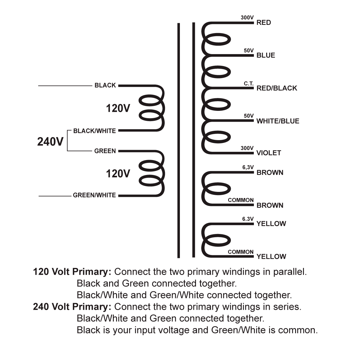 EDCOR Tube Power Transformer XPWR298-120/240 - 600V/100V@325mA CT, 6.3V@4A, & 6.3V@4A - 120V/240V, 50/60Hz. Schematic