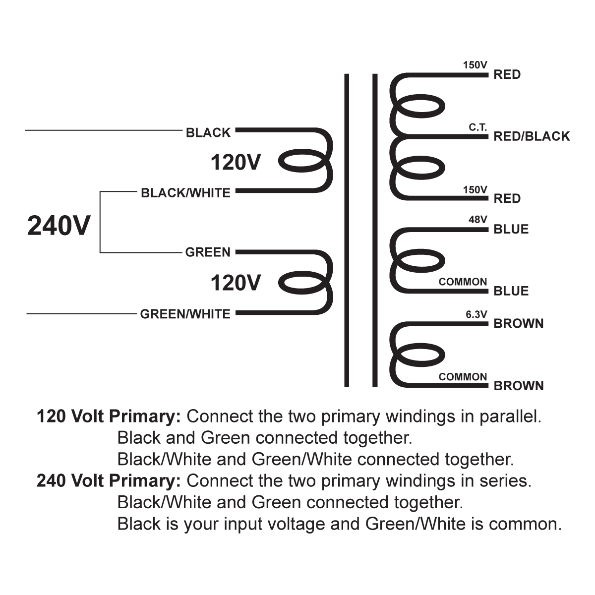 EDCOR Tube Power Transformer XPWR305-120/240 - 300V@60mA CT, 48V@50mA, & 6.3V@2A - 120V/240V, 50/60Hz. Schematic