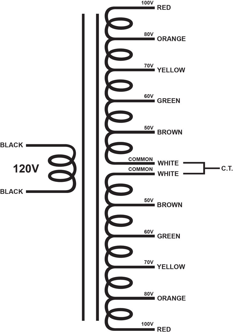 TBPWR-MV2 - multi tapped 200V (100-80-70-60-50-0 0-50-60-70-80-100)@1A CT power.