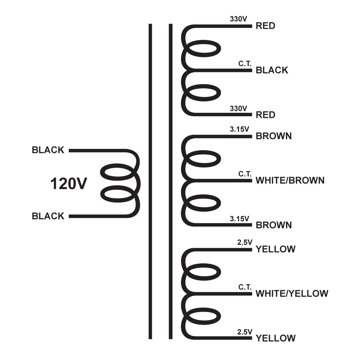 EDCOR Tube Power Transformer XPWR178 - 660V@200mA CT, 6.3V@6A CT, & 5V@3A CT - 120V, 60Hz. Schematic